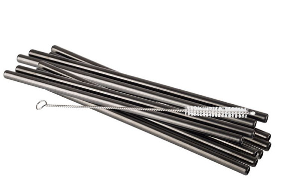 APS rietjes set van 11, Ø 8 mm, lengte: 21,5 cm, roestvrij staal 18/8, gunmetal look, inhoud: 10 rietjes, 1 schoonmaakborstel, 93384