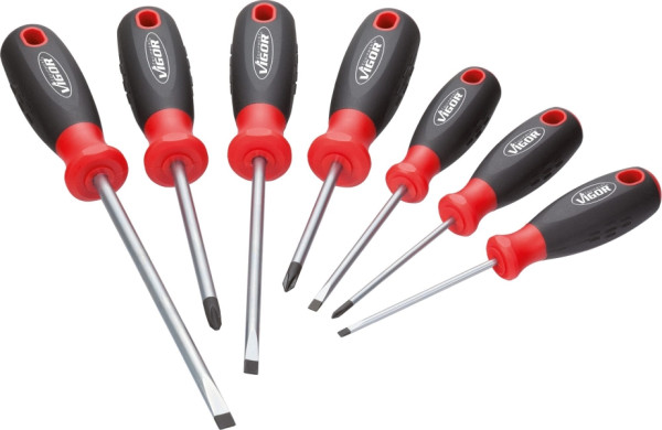 VIGOR-schroevendraaierset, sleufprofiel, kruiskopprofiel PH, 0,6 x 3 - 1,2 x 6,5, PH0 - PH2, aantal gereedschappen: 7, V1637