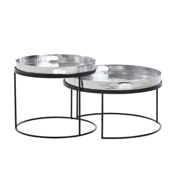 Wohnling salontafel set van 2 zilver/zwart metaal gehamerd ronde tafel, banktafel afneembaar dienblad, dienblad tafelbank 2-delig modern, WL6.462