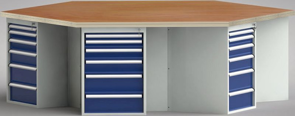 KLW standaard werkbank in zeshoekige vorm met beuken multiplex blad in zeshoekige vorm 2338 x 2700 x 40 mm L x B x S, WS620N-1350M40-E8015