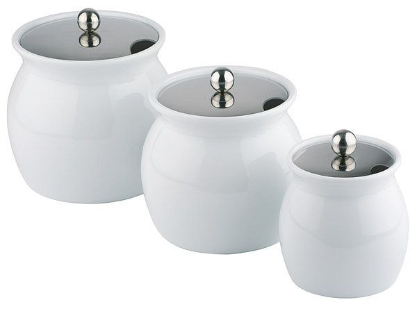 APS dressingpot, Ø 17 cm, hoogte: 15 cm, porselein, wit, 2 liter, roestvrijstalen deksel, met lepeluitsparing, 83310