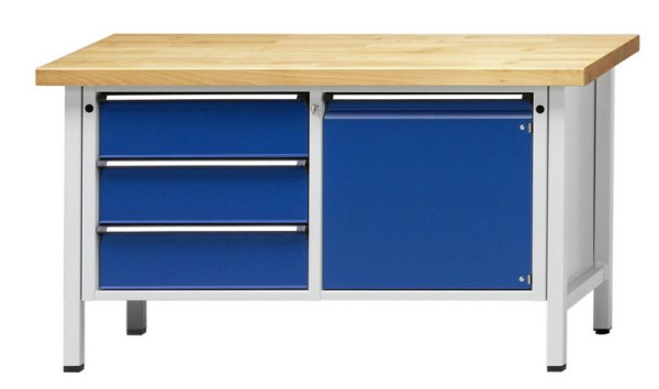 ANKE kastwerkbank; 1500 x 700 mm; RAL 7035/5010; Links 3 laden 180 mm; Rechts 1 deur 540 mm