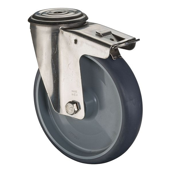 BS rollen RVS transportrol met rem, B50 mm, Ø200 mm, tot 200 kg, thermoplast grijze banden, glijlagers, H121.B43.200