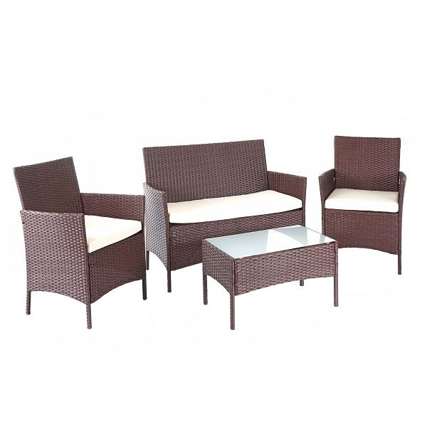 Mendler poly rotan tuinset HWC-D82, loungeset, bruin gemêleerd met creme kussens, 64503