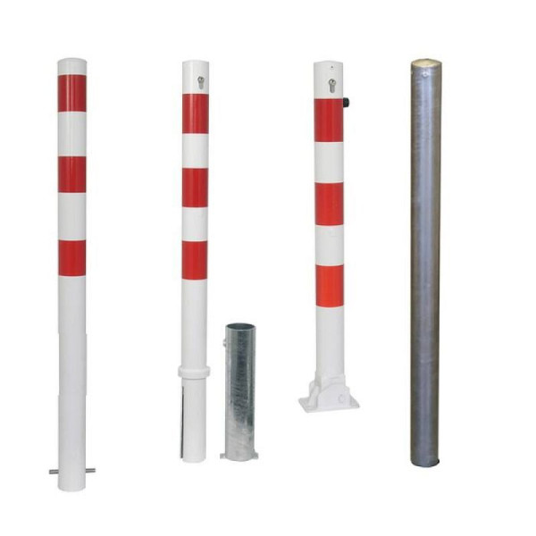 Stone HGS afzetpaal -Bollard- Ø 76 mm, verschillende vergrendeling, topsluiting, voor plaatsing in beton, wit met 3 rode reflecterende strepen, 2 oogjes, 476uzhb-2