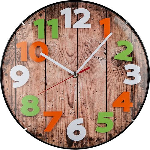 Technoline quartz wandklok, houtlook, kleurrijke cijfers, kunststof, afmetingen: Ø 30 cm, WT 7435