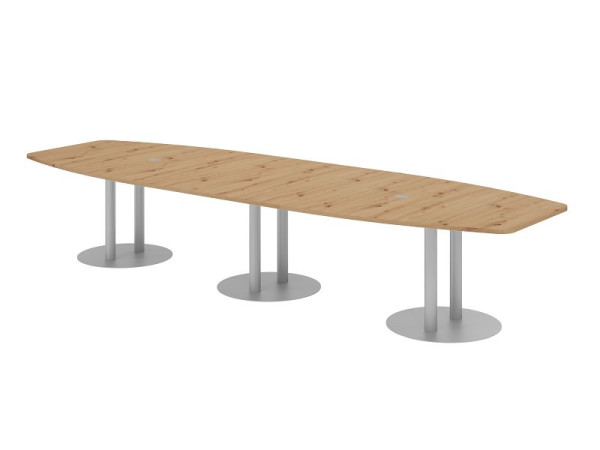 Hammerbacher vergadertafel KT40S, 400 x 130 cm, blad: knoestig eiken, 25 mm dik, met drie zilveren kolompoten, 7,6/70 cm, werkhoogte 74 cm, VKT40S/R/S