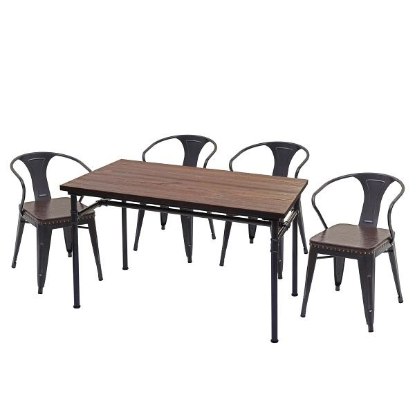 Mendler eetkamerset HWC-H10, 4x eetkamerstoel eetkamertafel, iepenhout FSC industriële gastronomie, bruin, 72467+72486