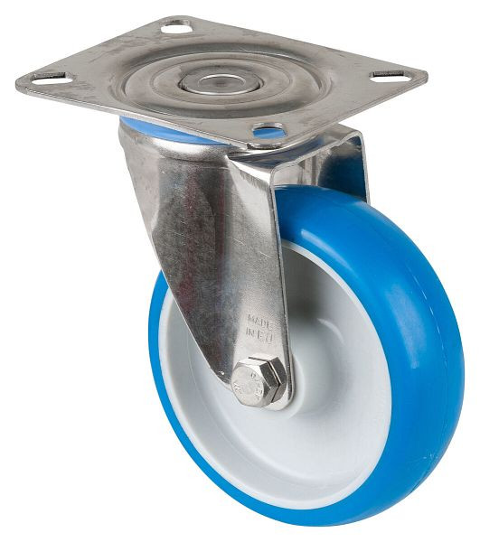 BS rollen RVS transportrol, breedte 32 mm, Ø100 mm, tot 110 kg, loopvlak polyurethaan blauw, wiellichaam kunststof, glijlager, plaat, H100.B32.100
