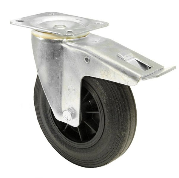 BS rollen transportrol met rem, breedte 50 mm, Ø200 mm, tot 205 kg, zwart rubber, kunststof wiellichaam, rollager, plaat, L420.B45.200