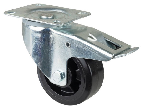 BS rollen transportrol met rem, breedte 50 mm, Ø125 mm, tot 300 kg, zwarte elastische banden, kunststof wiellichaam, rollager, LSS420.B60.125