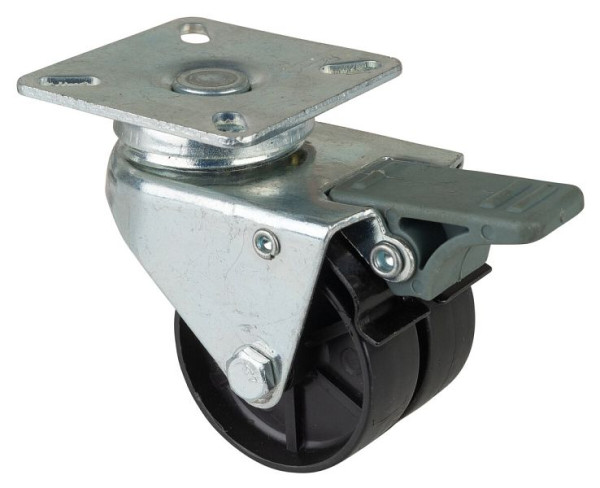 BS rollenapparaat dubbele rol met rem, B2x19 mm, Ø50 mm, tot 80 kg, zwart kunststof oppervlak, glijlager, VE 4 stuks, B120.A90.051