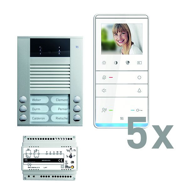 TCS deurbediening video: pack AP voor 5 wooneenheden, met voordeurstation AVE 6 belknoppen, 5x video handsfree luidspreker IVW5111, besturing, PVE16050-0010