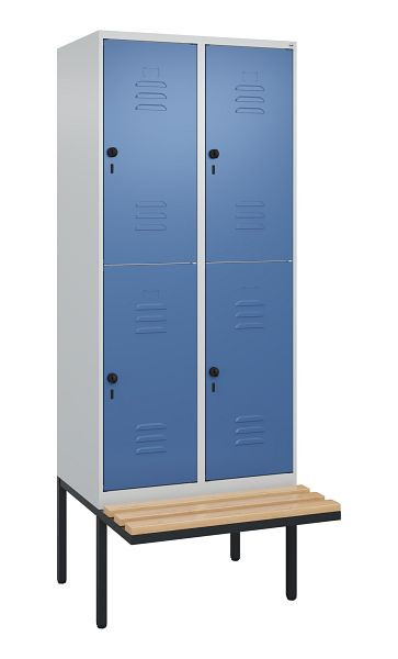 C+P Doppelstöckiger Spind Classic PLUS, 2 Abteile, 2120x800x815mm, 7035/5023, Drehriegel, Sitzleisten aus Buche, schwebende Sitzfläche, 0803407-22 S10005