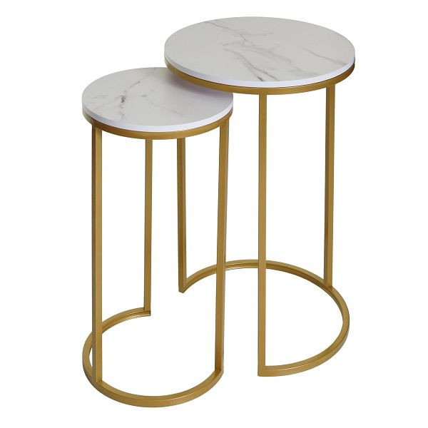 Mendler set van 2 bijzettafels HWC-K46, salontafel nachtkastje loungetafel, marmerlook MDF, wit-goud, 94401