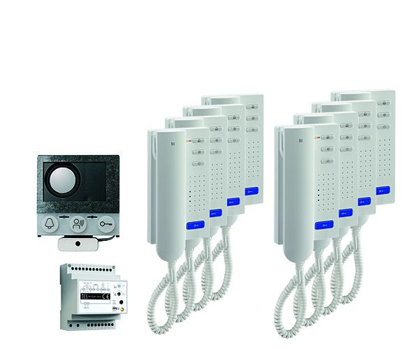TCS audio:pack installatie voor 8 wooneenheden, met ingebouwde luidspreker ASI12000 + 8x deurtelefoon ISH3030 + control unit BVS20, PAIH080/004
