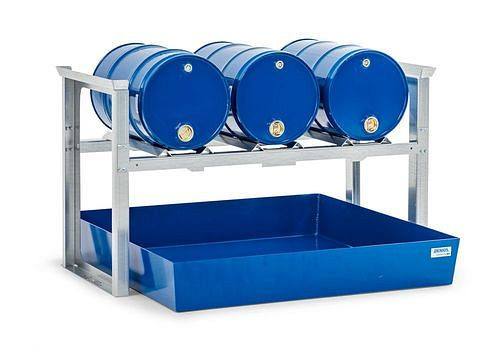 DENIOS vatenrek voor 3 vaten van elk 60 liter, met stalen bak, 1429 x 1210 x 837 mm, 291-787