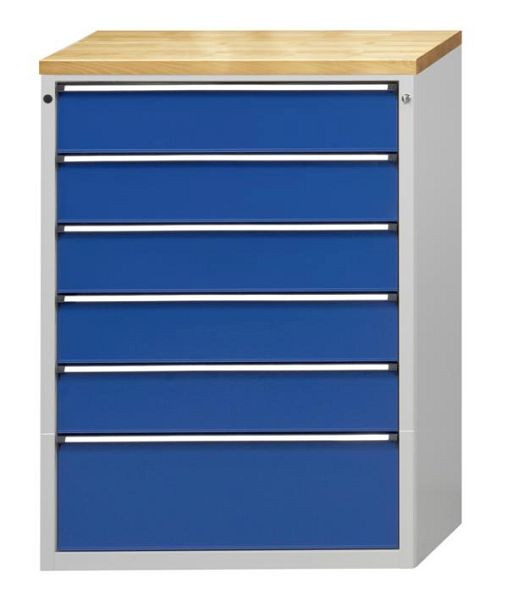 ANKE ladekast; 915 x 700 x 1320 mm; RAL 7035/5010; Massief beuken blad 40 mm; 6 laden 180, 180, 180, 180, 180, 300 mm, 610.305