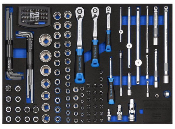 SW-Stahl werkplaatswagen assortiment, dopsleutels 1/4", 3/8", 1/2", met ratel, 144 stuks, Z3011-14