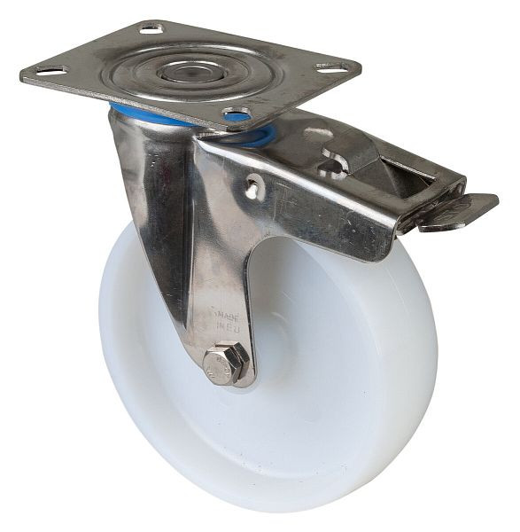 BS rollen RVS transportrol met rem, breedte 37,5 mm, Ø125 mm, tot 130 kg, loopvlak/wiellichaam kunststof, glijlager, plaat, H120.A90.125