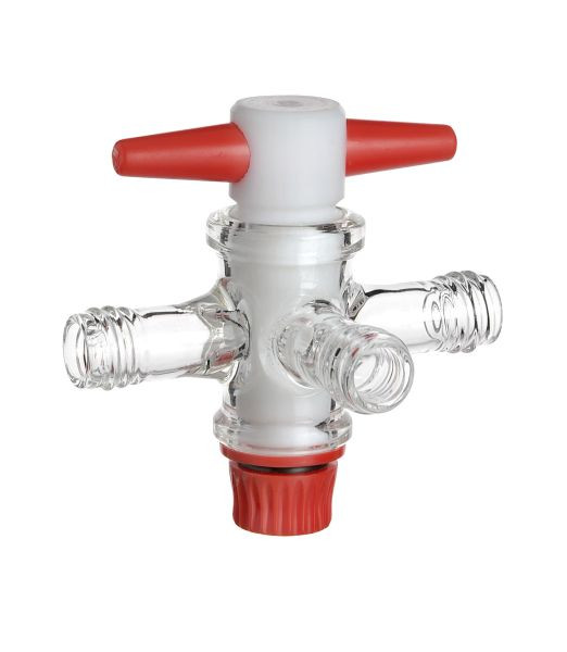 Rettberg driewegventiel met T-boring, PTFE, NS 18,8/4 mm, aansluitingen schroefdraad GL 14, borosilicaatglas 3.3, 107000336