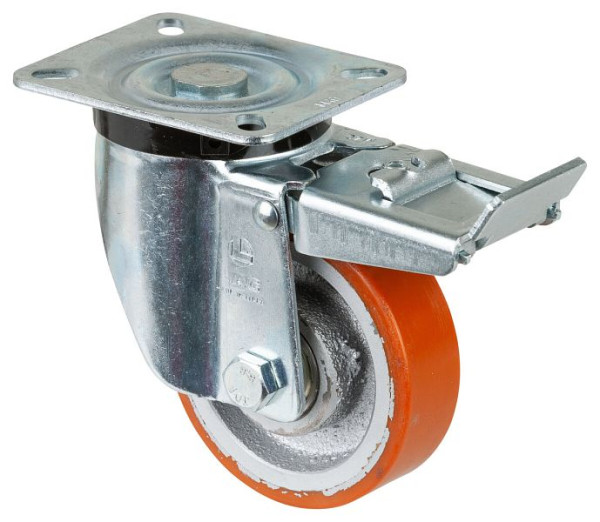 BS-wielen Zwaarlastwiel met rem, breedte 30 mm, Ø100 mm, tot 300 kg, polyurethaan gegoten 95 Shore A, gegoten wiellichaam, kogellager, N120.C10.101