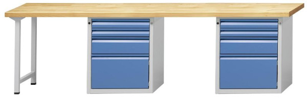 ANKE combinatie werkbank 2 werkstations; 2800x700mm; RAL7035 / 5012; In het midden en aan de rechterkant, 1 plintkast, 3 laden