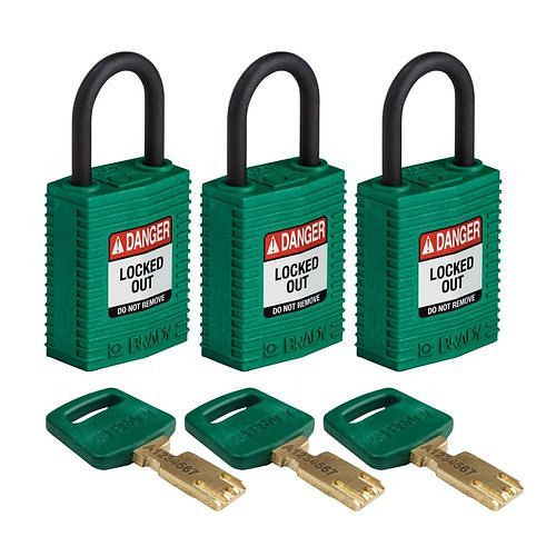 Brady hangsloten SafeKey, nylon, verpakking van 3, beugelhoogte 25,40 mm, groen, 311936