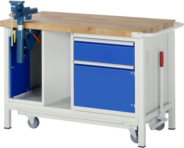 RAU werkbank met neerlaatbaar onderstel serie 8000, 2 onderbouwcontainers (bankschroef - 1x lade, 1x draaideur), 1250x880x700 mm, 05-8181A6-127B4F.11