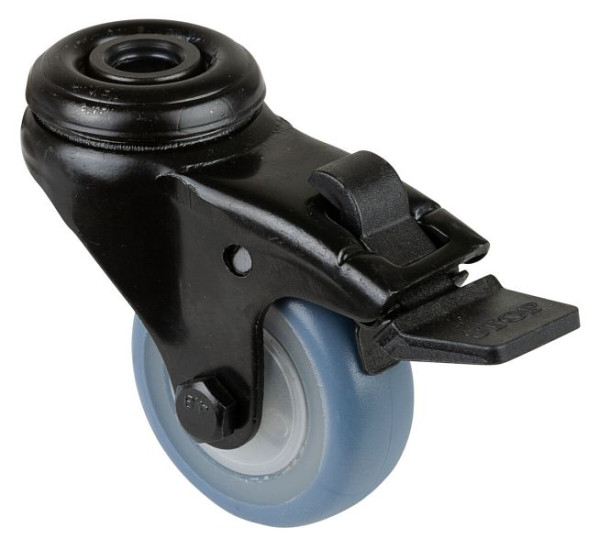 BS Castors Zwenkwiel met zwarte rem, thermoplastisch rubberen wiel lichtblauw, kogellager, achtergat, diameter: 50 mm, VE 8 stuks, A821.A85.050.05