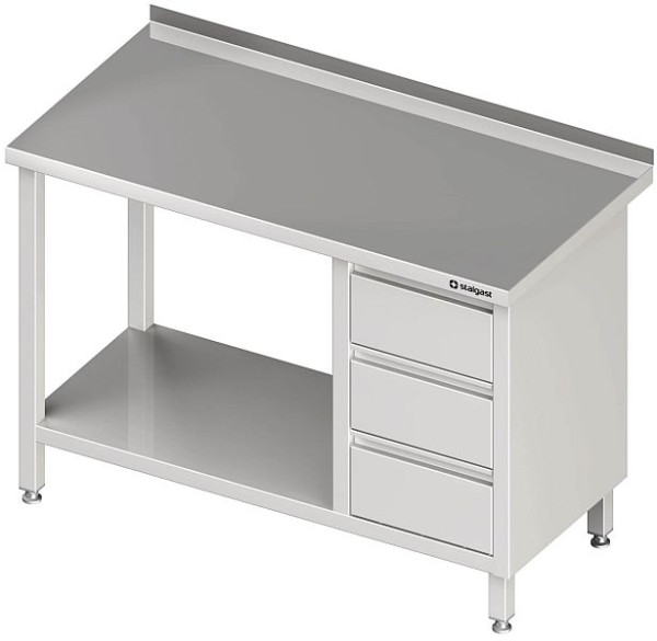Stalgast werktafel, hoogte 850 mm, met onderstel, met 3 ladenblok, zonder opstaande rand, gelast
