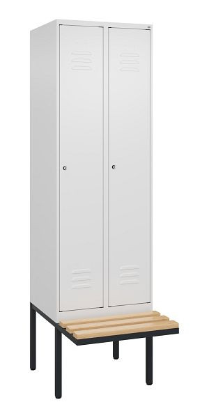C+P Umkleidespind Classic PLUS, 2 Abteile, 2120x600x815mm, 9016/9016, Zylinderschlösser, Buche-Sitzleisten, je 2 Doppel-Haken, 0800407-20F S10058