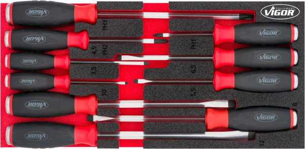 VIGOR-schroevendraaierset met slagkap, sleufprofiel, kruiskopprofiel PH, 0,6 x 3,5 - 2 x 12, PH1 - PH3, aantal gereedschappen: 10, V5068
