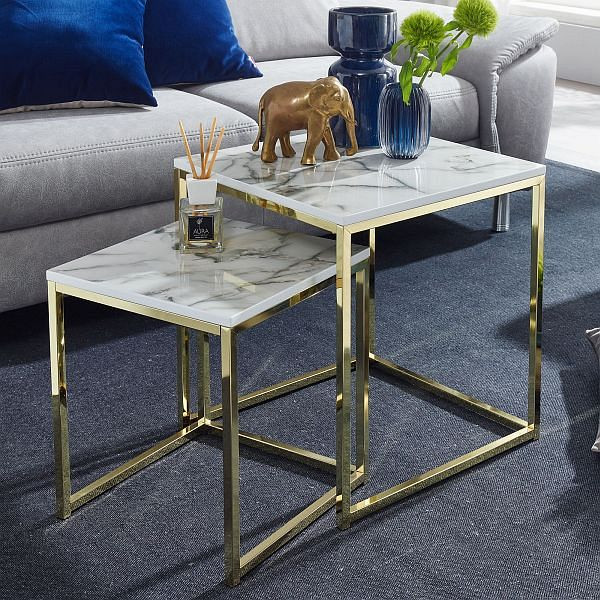 Wohnling Design bijzettafel set van 2 wit marmerlook vierkant, WL6.249