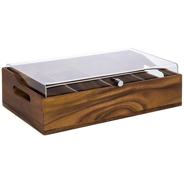 APS bestekbak met deksel, 51 x 28 cm, hoogte: 14,5 cm, acaciahout, acryl deksel, 4 vakken, elk: 26 x 11,5 cm, 11949