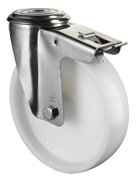 BS rollen RVS transportrol met rem, breedte 50 mm, Ø200 mm, tot 200 kg, loopvlak/wiellichaam kunststof, glijlager, H121.A90.200
