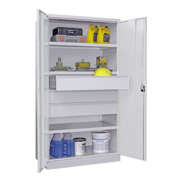 Pavoy Schwerlastschrank 1950/1040/630, 3 Fachböden, 3 Schubladen a 175 mm Höhe, Flügeltüren, Drehgriff mit Zylinderschloss, 36365-104-002-905118
