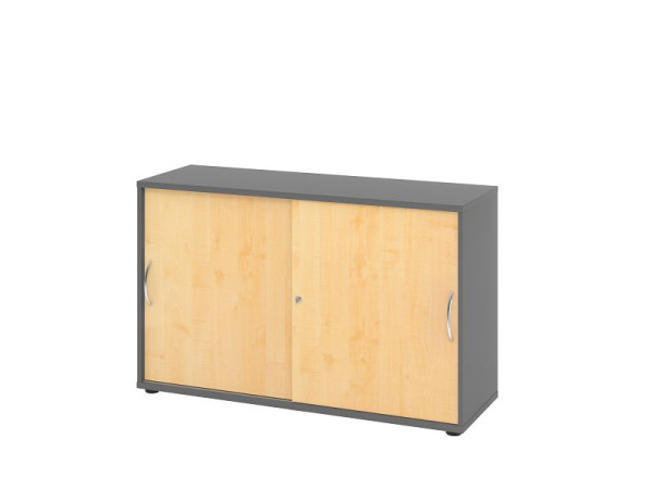 Hammerbacher schuifdeurkast 1752S BM, 2 OH, romp: grafiet/front: esdoorn 120 x 40 x 74,8 cm (BxDxH), 2 schuifdeuren, gebogen handgreep BM, V1752S/G/3/BM