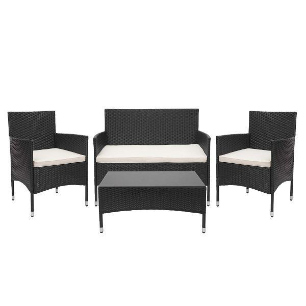 Mendler poly rotan set HWC-F55, balkon/tuin/loungeset bank zitgroep, zwart, kussens creme, 69813