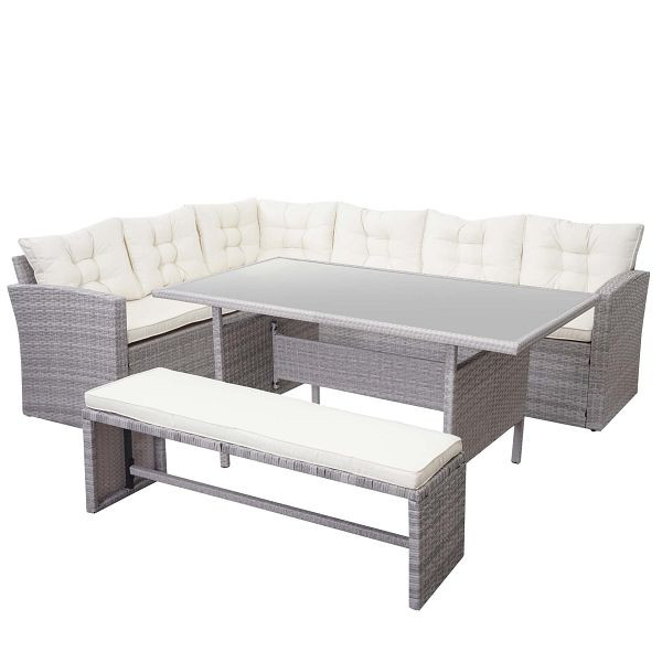 Mendler poly rotan set HWC-A29, tuinset, lounge eettafel set, bank, lichtgrijs, creme kussens + bank, 64384+64385
