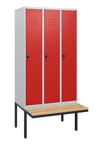C+P Umkleidespind Classic PLUS, 3 Abteile, 1950x900x815mm, 7035/3020, Drehriegel, Buche-Sitzleisten, 0800405-30 S10002