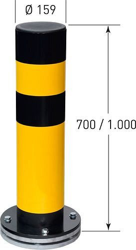 Moravia stootbeschermingspaal, geel kunststof gecoat, zwarte strepen, draaibare voetplaat, Ø: 159 mm, 311072