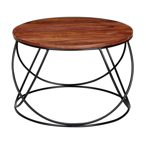 Wohnling salontafel Sheesham massief hout / metaal 60 x 40 x 60 cm, woonkamertafel rond massief bruin, salontafel moderne houten tafel, WL6.171