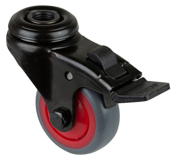 BS Wielen Zwenkwiel met zwarte rem, grijs thermoplastisch rubberen wiel, kogellager, achtergat, diameter: 50 mm, VE 8 stuks, A821.A85.050.03