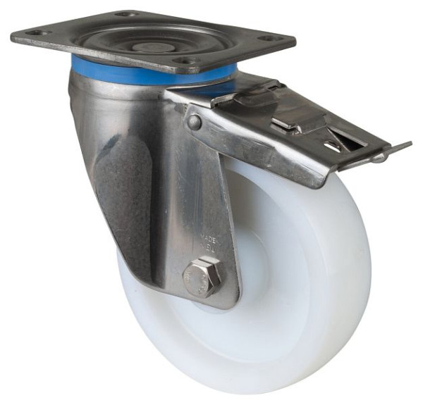 BS Rolls RVS zwaarlastwiel met rem, breedte 45 mm, Ø150 mm, tot 450 kg, oppervlak/lichaam kunststof, RVS rollager, HS120.B14.151