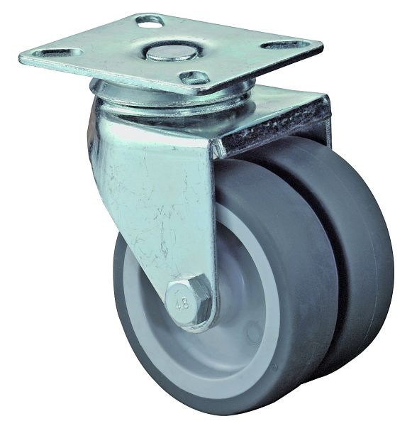 BS rollenapparaat dubbele rol, wielbreedte 2x24 mm, wiel-Ø 75 mm, draagvermogen 80 kg, grijs rubber, glijlager, plaat, VE 4 stuks, B100.A80.075