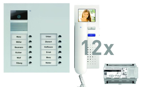 TCS deurbediening video: pack UP voor 12 wooneenheden, met voordeurstation AVU 12 belknoppen, 12x video deurtelefoon IVH3222, bediening, PVU16120-0010