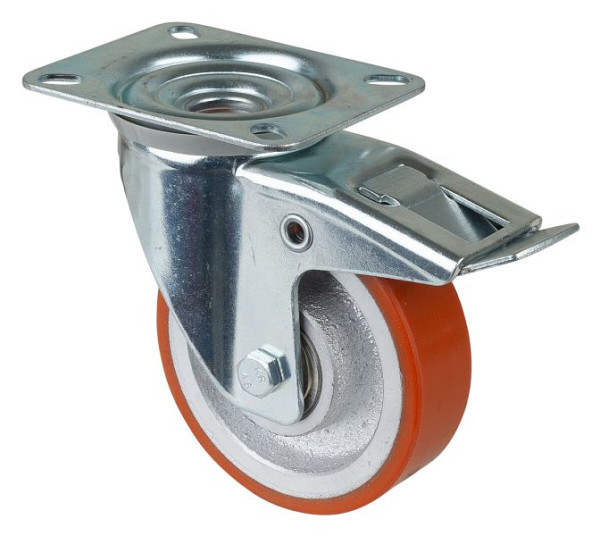 BS rollen transportrol met rem, breedte 30 mm, Ø100 mm, tot 125 kg, gegoten polyurethaan 95 Shore A, gegoten wiellichaam, kogellager, L420.C10.100