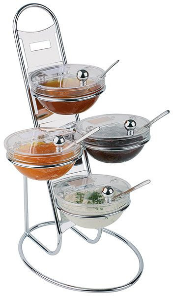 APS buffetladder, 3 treden, circa Ø 30 cm, hoogte 48 cm, metaal, verchroomd, 12 delig, 4 glazen schalen Ø 14cm, 4 beschermdeksels, opklapbaar, 11498
