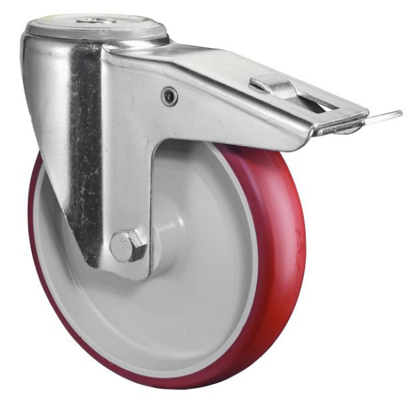 BS rollen transportrol met rem, breedte 45 mm, Ø200 mm, tot 250 kg, rood polyurethaan loopvlak, kunststof behuizing, rollager, L121.B31.200